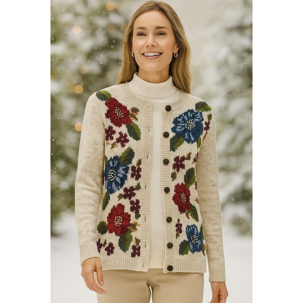 Vtg Alfred Dunner Beige Floral Cardigan Sweater Women's Small Petite Knit Button